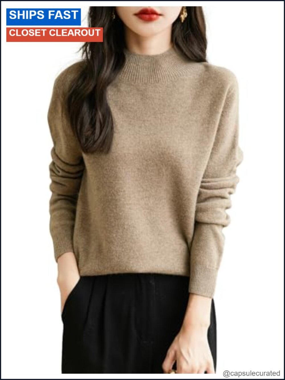 100% Merino Wool Seamless Mock Neck Long Sleeve Pullover Sweater